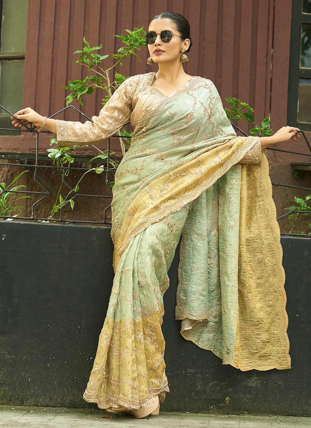 Green Silk Contemporary Saree Embroidered, Sequins S20143