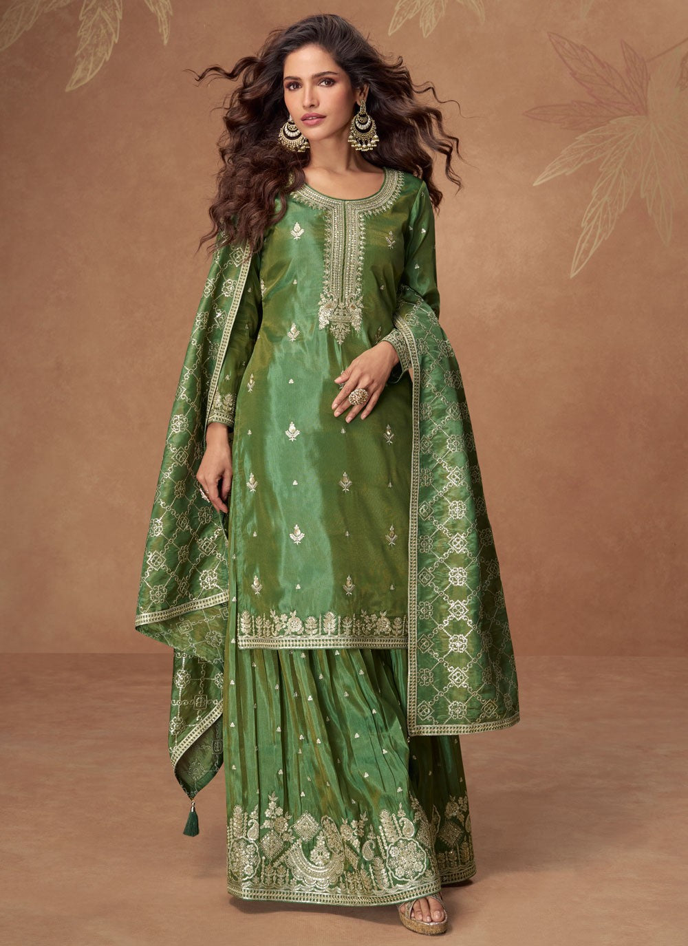 Palazzo Suit Embroidered, Sequins, Zari Green T8185
