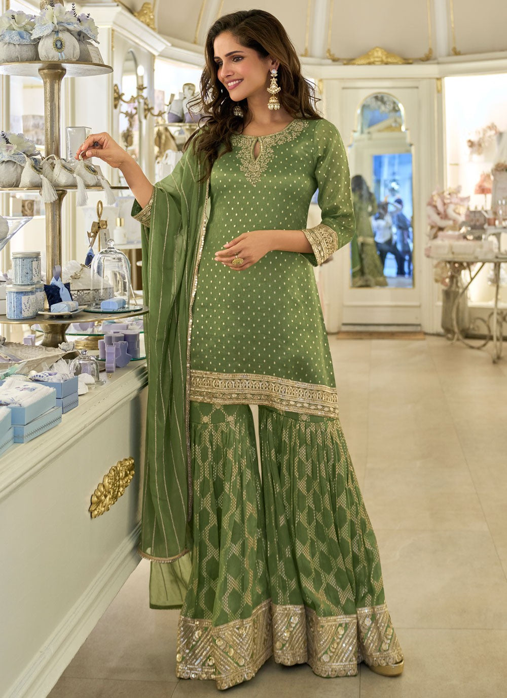 Sharara Suit Embroidered, Sequins Green T8462
