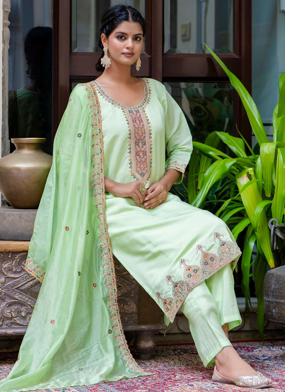 Pant Style Suit Embroidered Green T6926