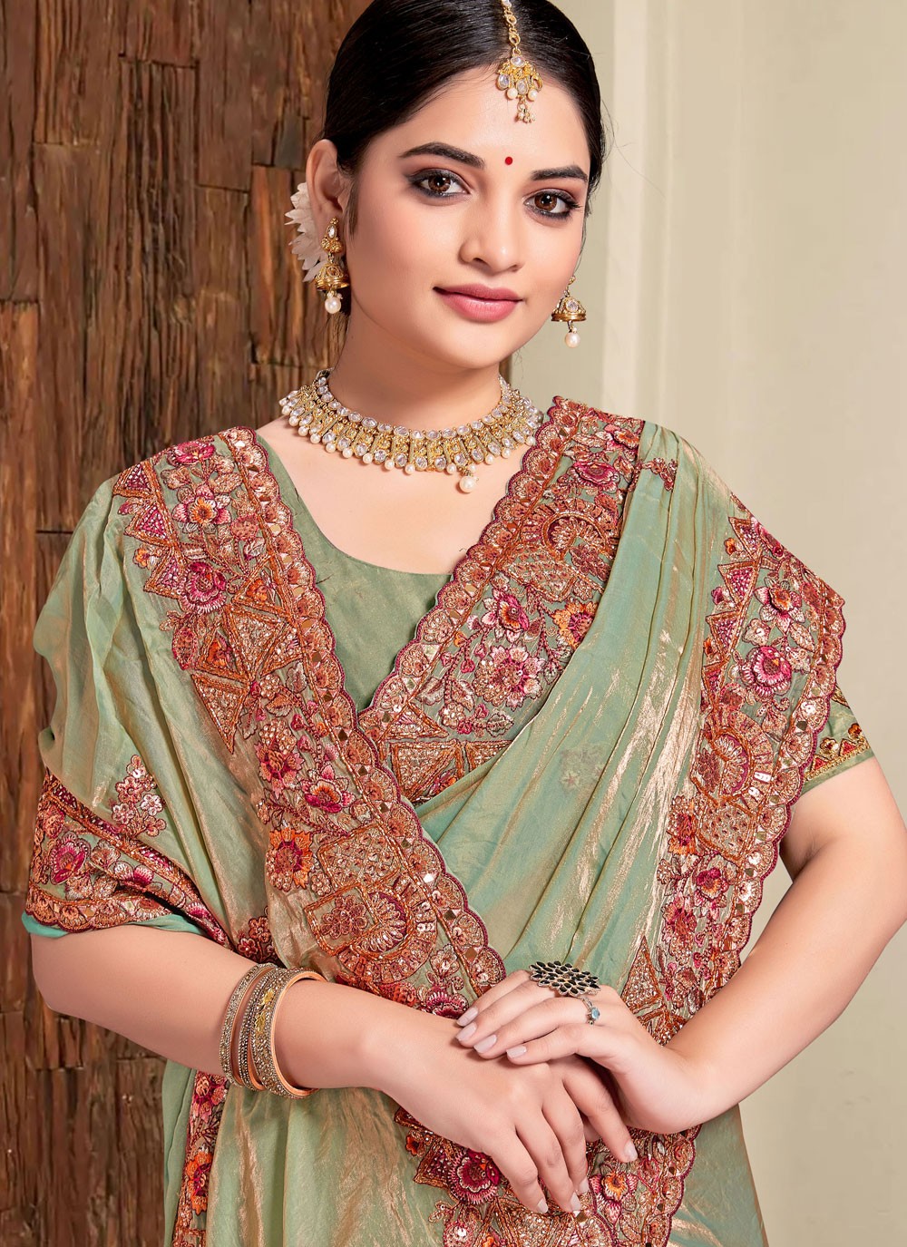 Contemporary Beads Green Silk Saree S13087