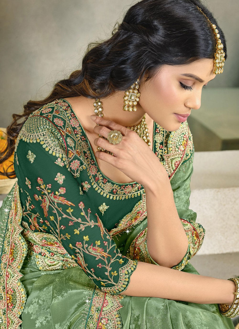 Border Work Silk Green Trendy Saree S15558