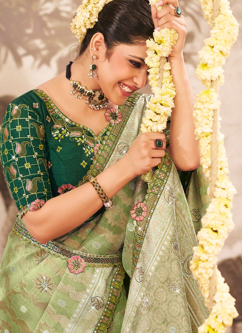 Green Silk Classic Saree Embroidered, Lace S19593