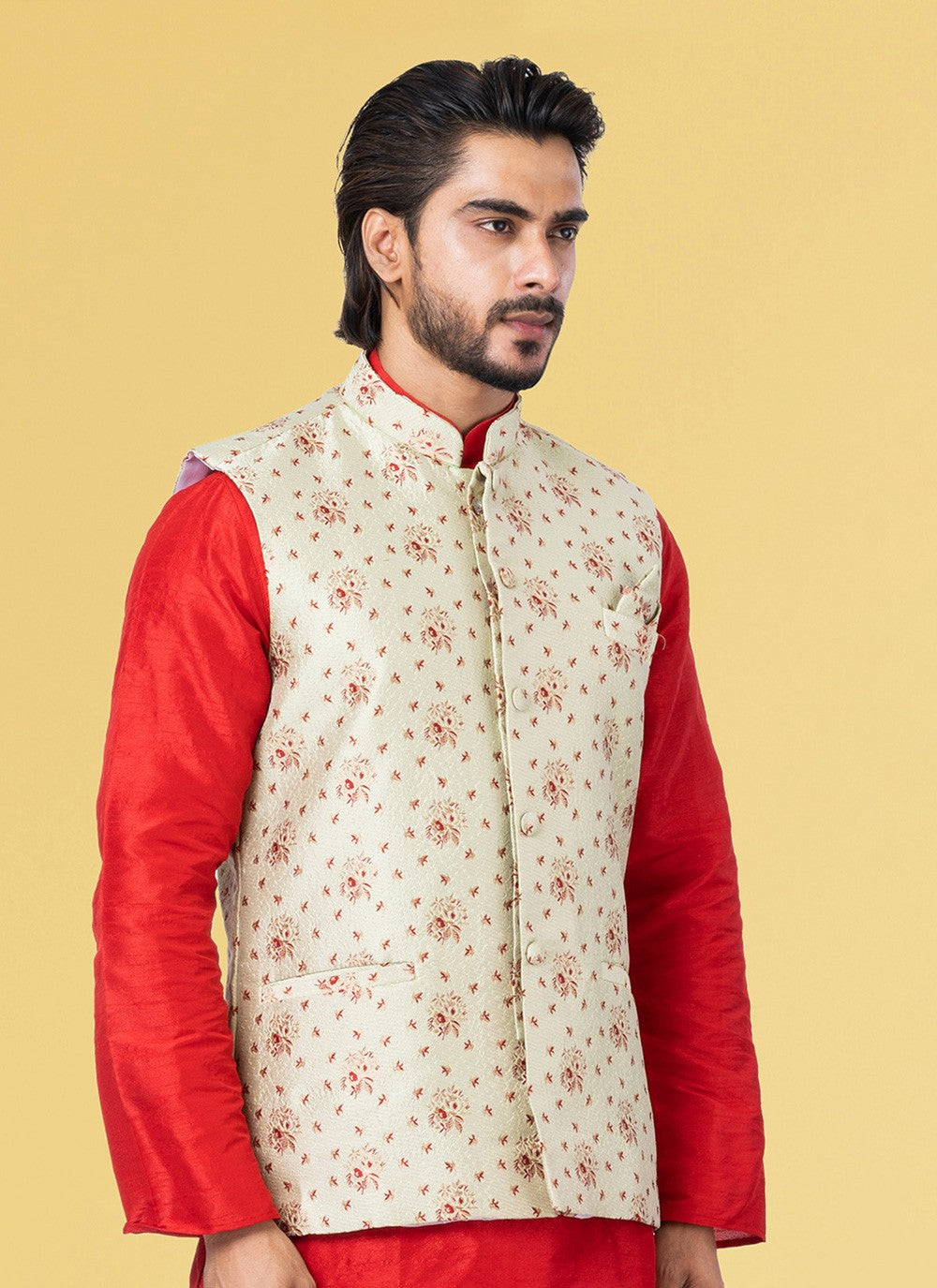 Jacquard Work Silk Green Nehru Jackets - M7451