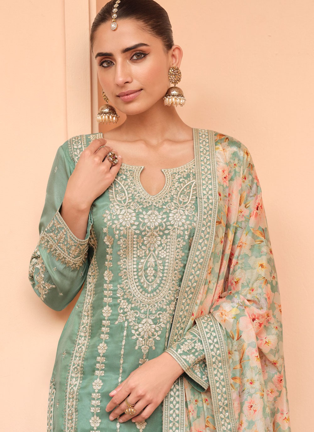 Palazzo Suit Embroidered Green T8668
