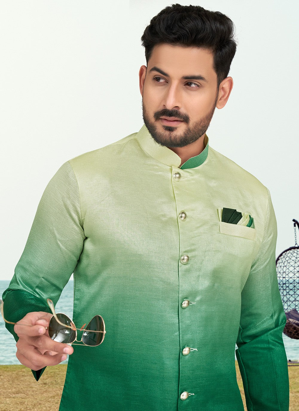 Buttons Silk Green Indo Western - M6591