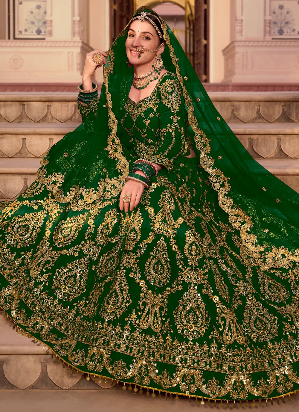 Embroidered Velvet Green Lehenga - L3292
