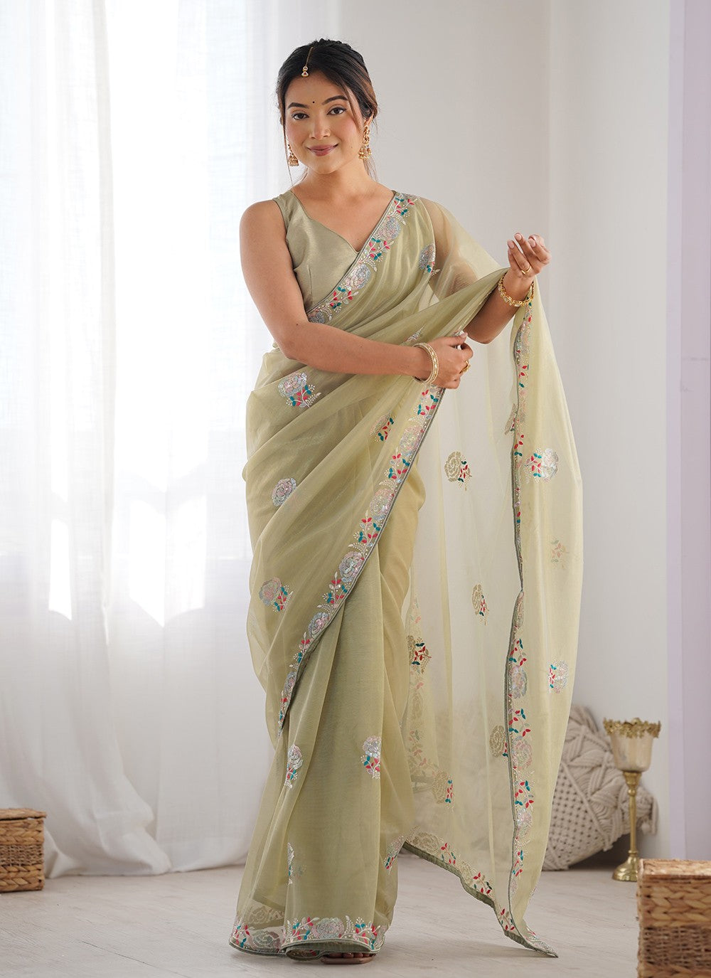 Contemporary Embroidered Green Net S12465