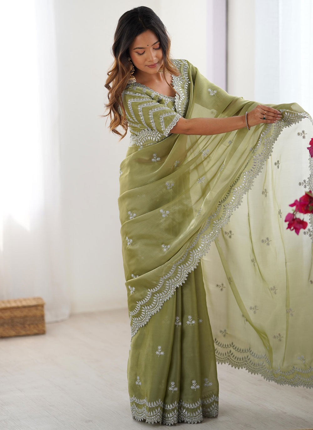 Green Jimmy Chu Contemporary Saree Sequins, Thread S15715