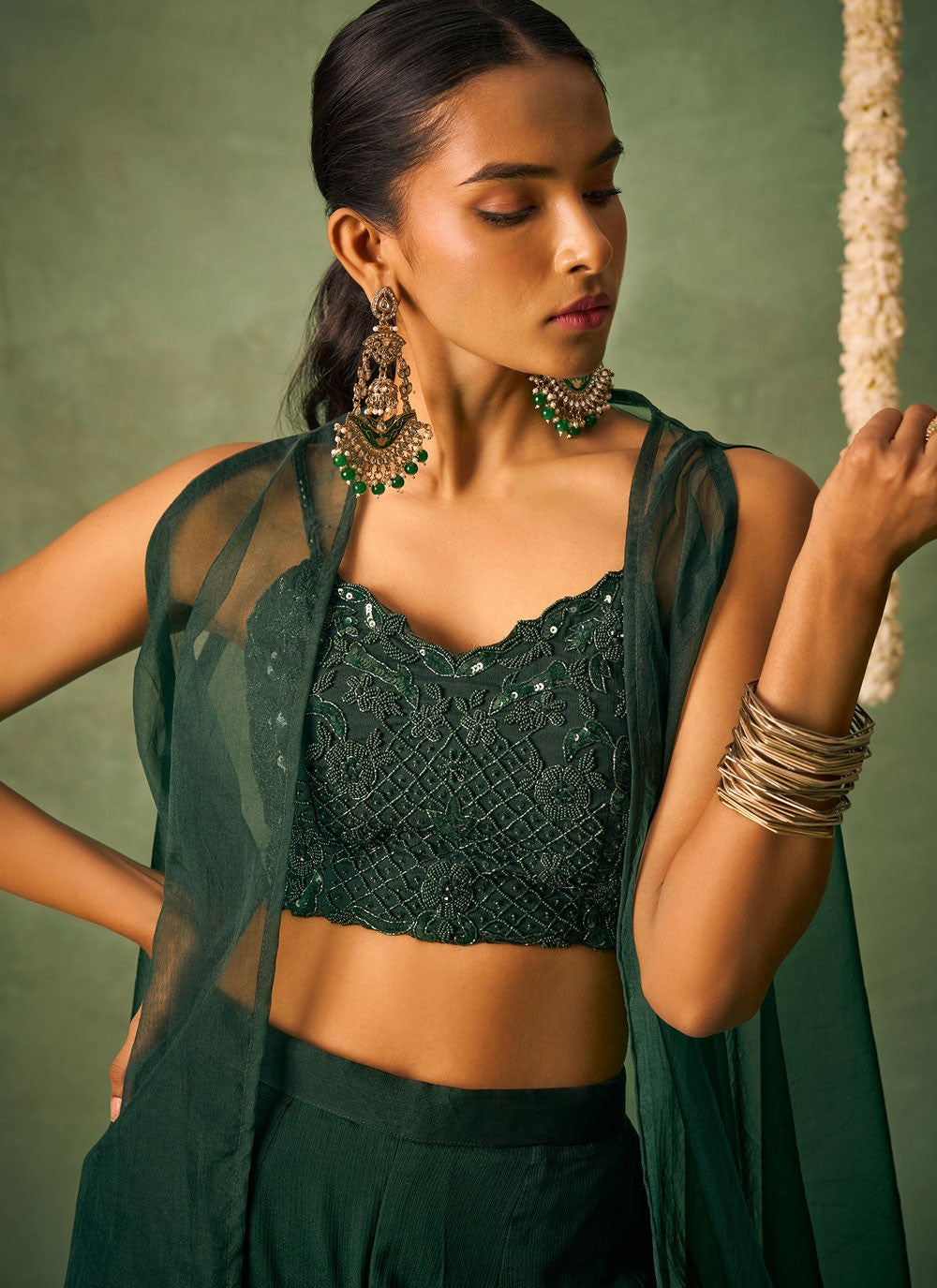 Salwar Suit Beads Green Chinon T5897