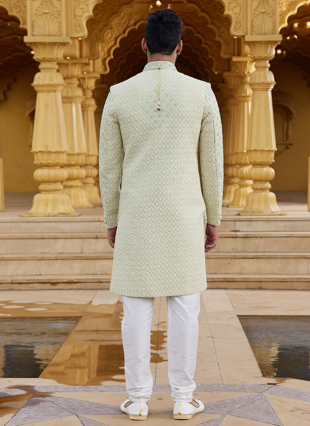 Machine Embroidery Georgette Green Sherwani - M6095