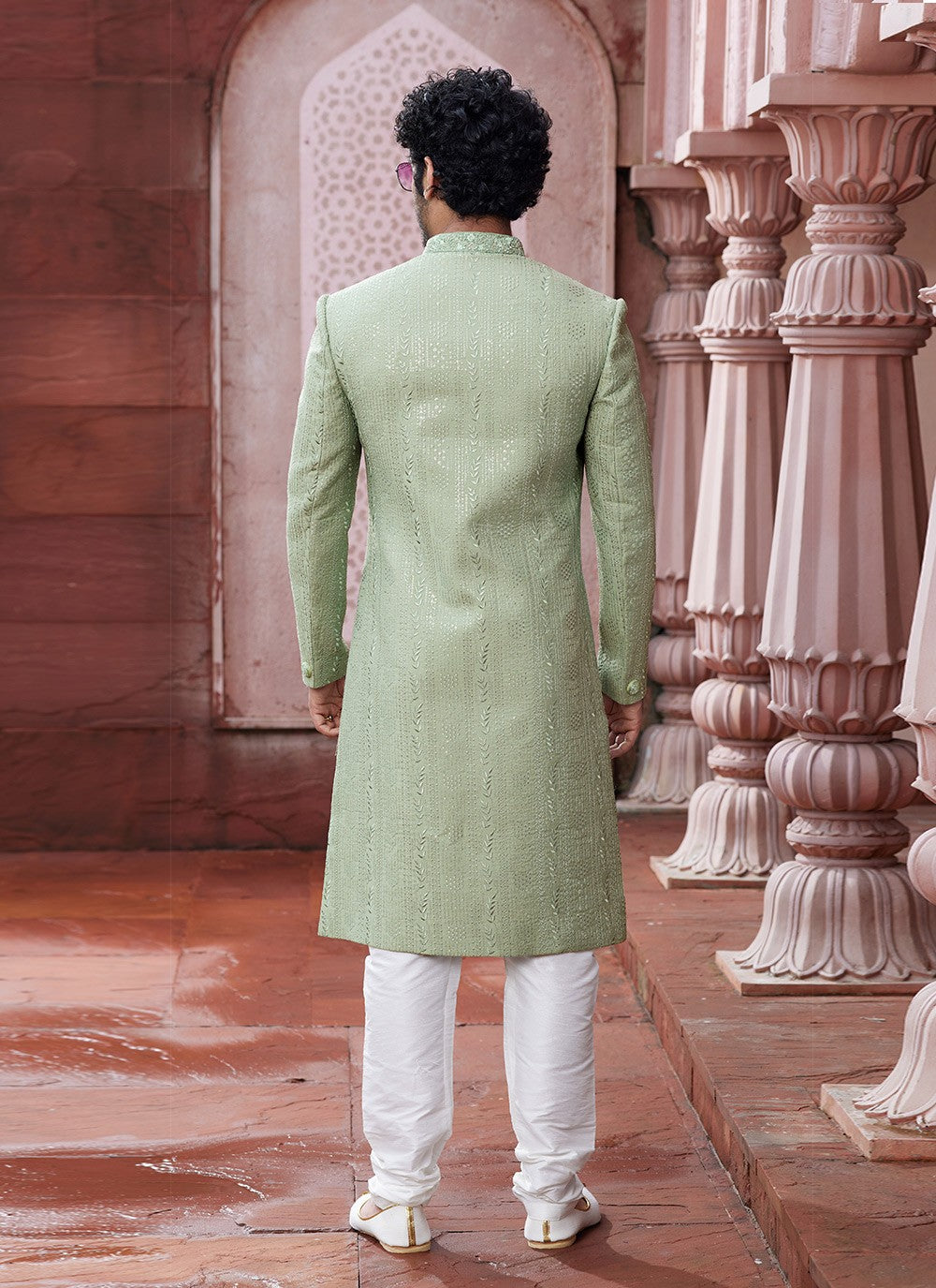 Hand Embroidery Art Silk Green Sherwani - M6140