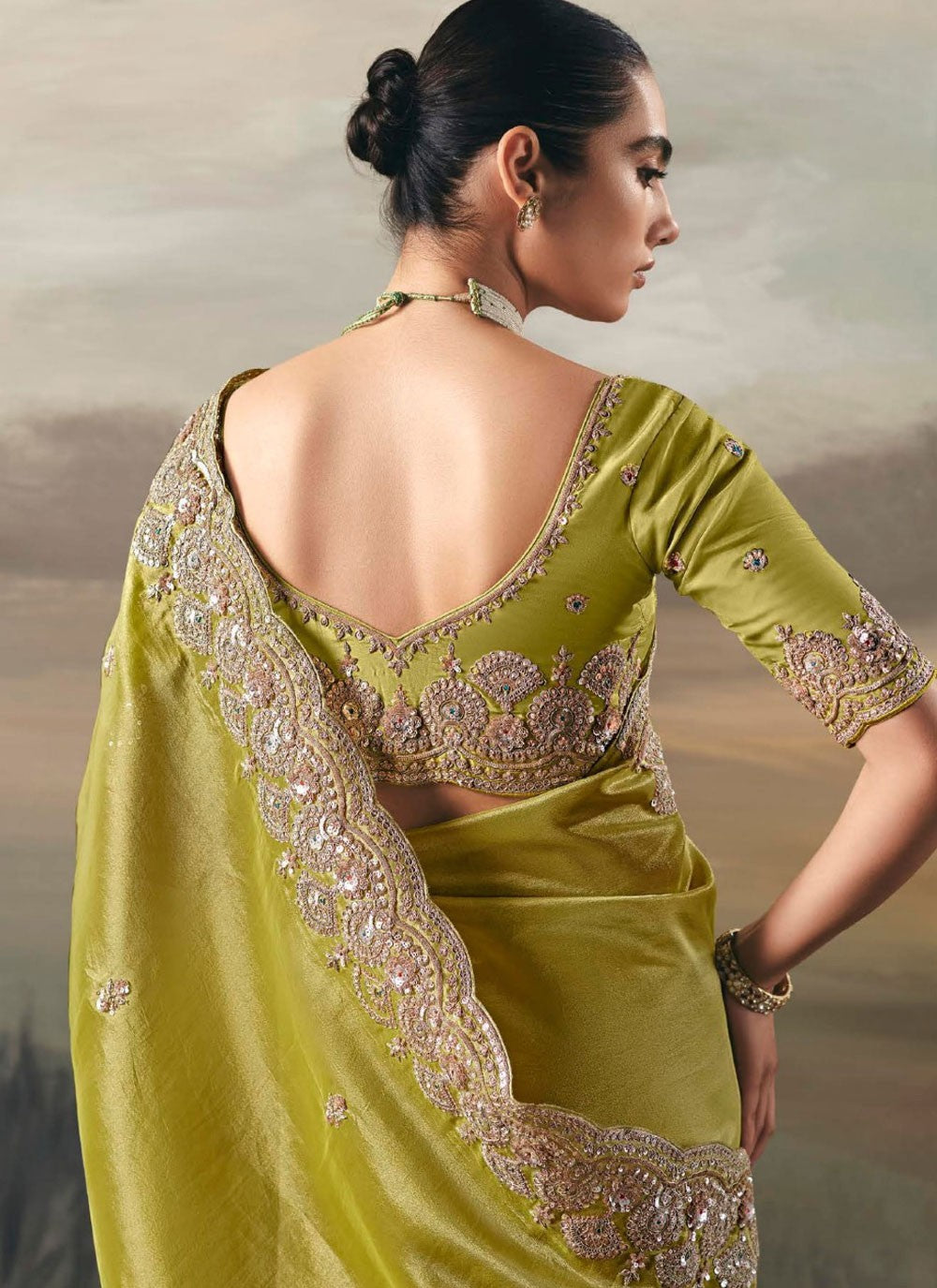 Green Tissue Traditional Saree Embroidered, Resham, Thread S20403