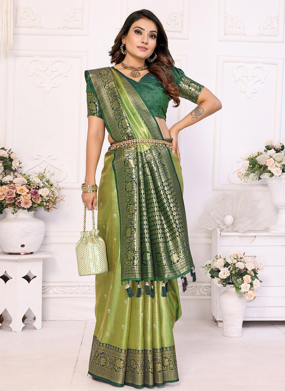 Woven Banarasi Silk Green Saree S14686