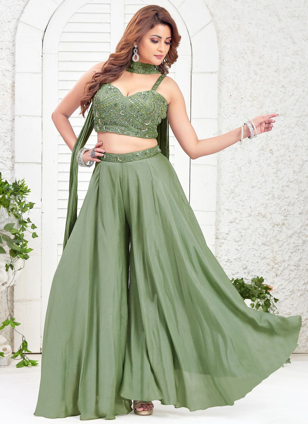 Salwar Suit Embroidered Green Silk T5874