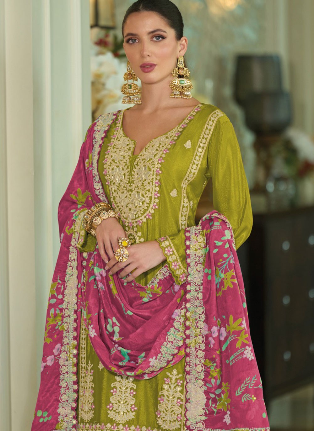 Palazzo Suit Embroidered, Khatli Work, Sequins, Zari Green T6764