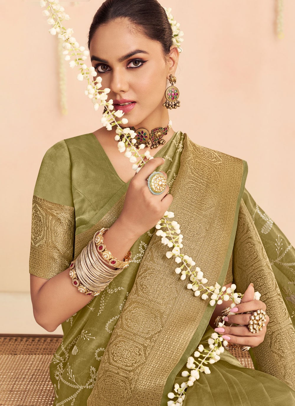 Trendy Saree Floral Printed Green Organza Saree S12672