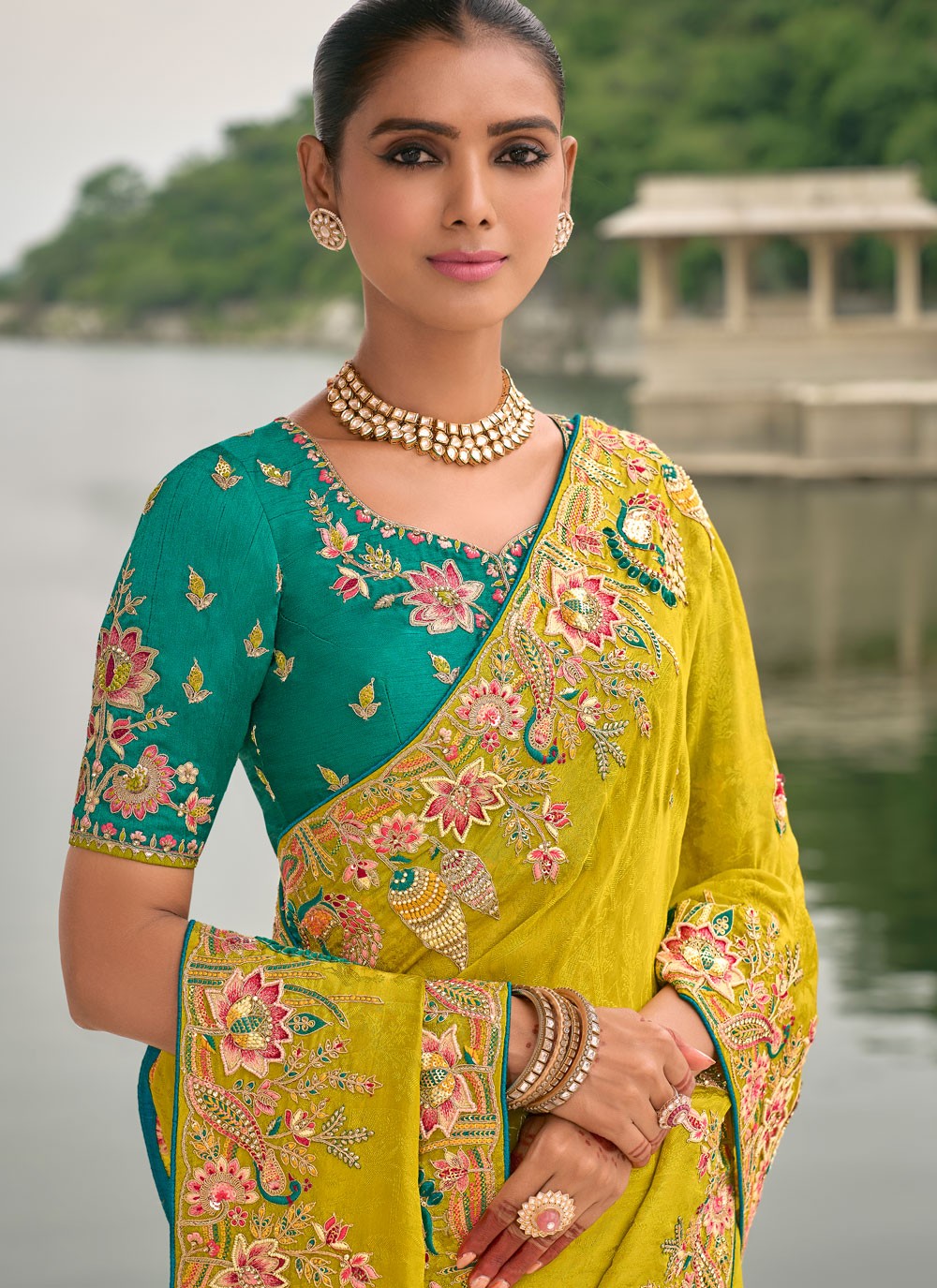 Embroidered Jacquard Green Saree S14813