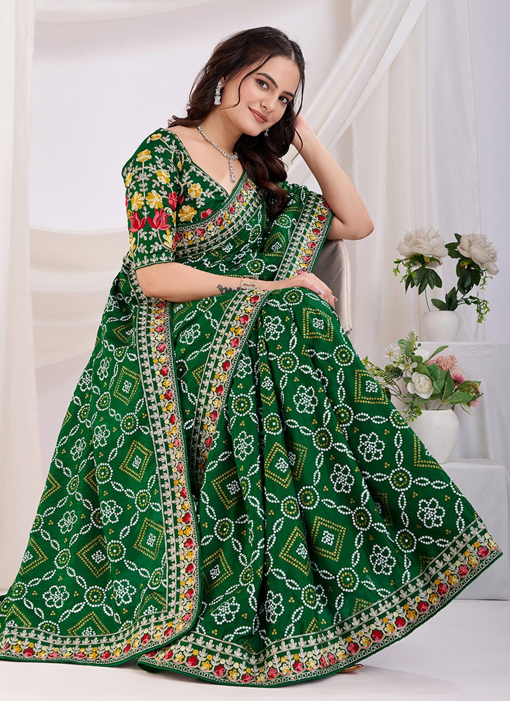 Embroidered Vichitra Silk Green Saree S13875