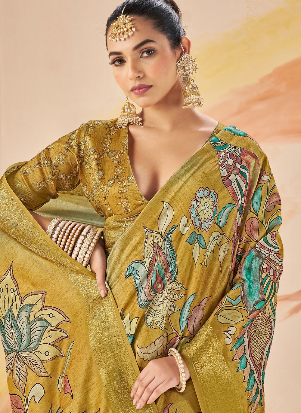 Green Silk Contemporary Saree Printed, Weaving Zari S19097