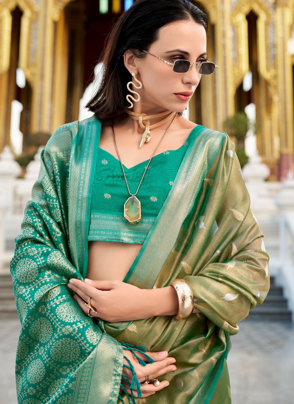 Woven Silk Green Designer Saree S14843