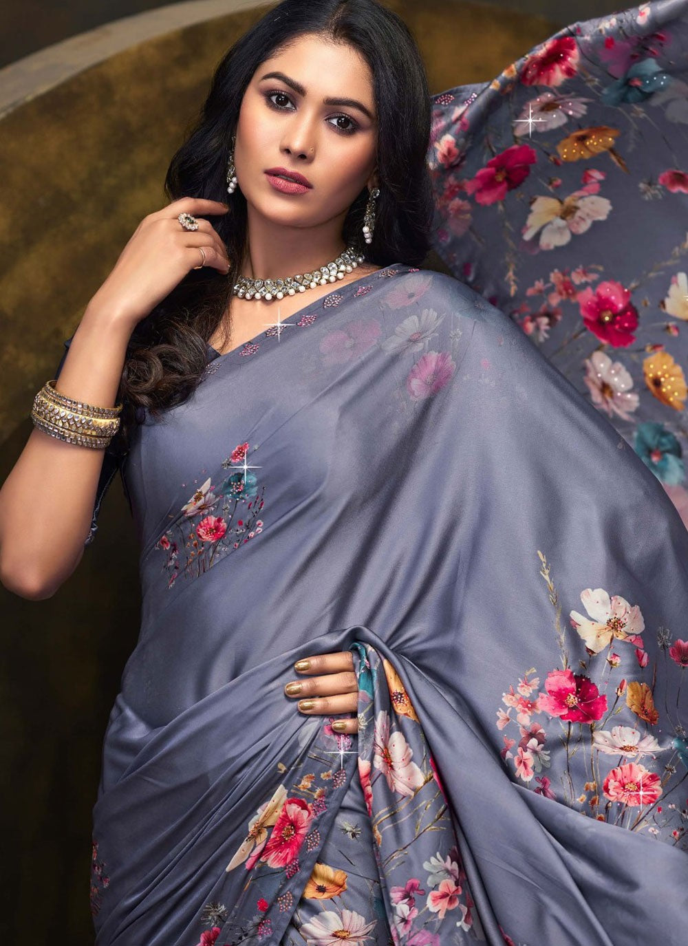 Trendy Saree Digital Print Grey, Lavender Satin Silk Saree S13240