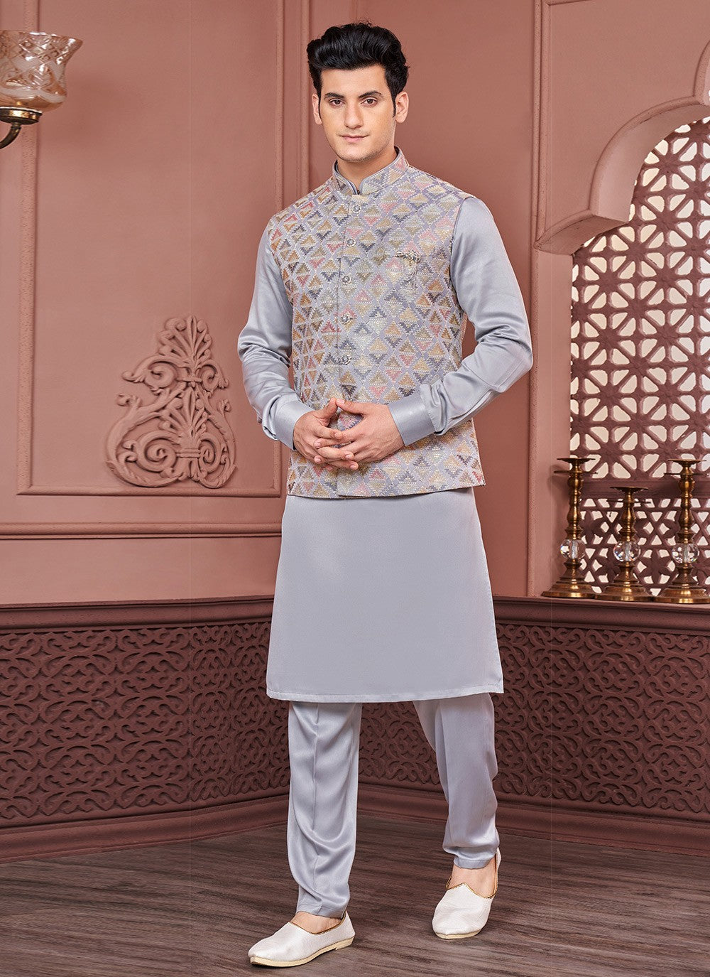 Embroidered Banarasi Silk Grey, Multi Colour Kurta Payjama With Jacket - M6322