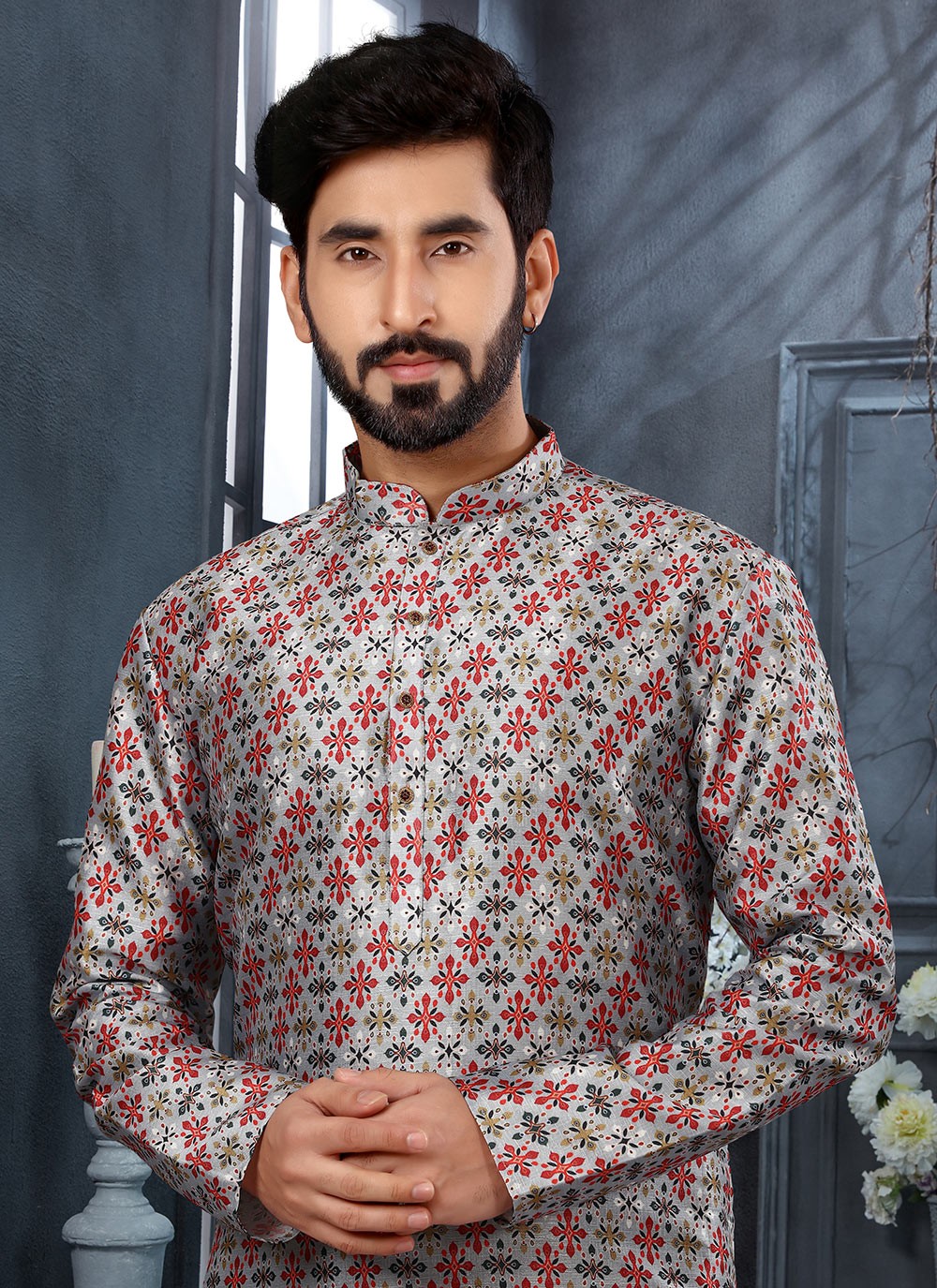 Digital Print Silk Grey, Multi Colour Kurta - M5625