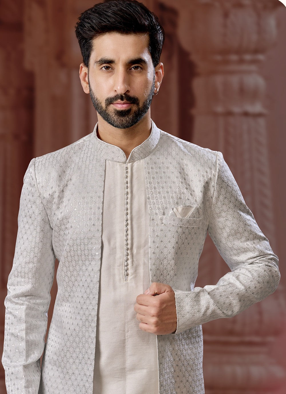 Machine Embroidery Dupion Silk, Jacquard Grey, Off White Indo Western Sherwani - M7141