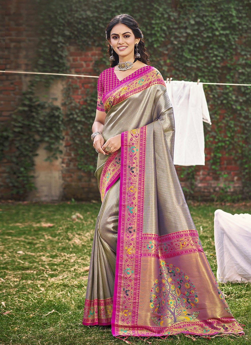 Contemporary Weaving Zari Grey, Pink Silk S12805