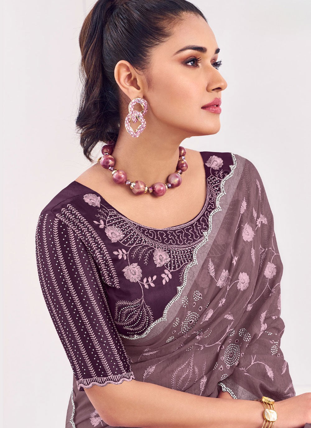 Traditional Cut Work Grey, Purple Silk S12576