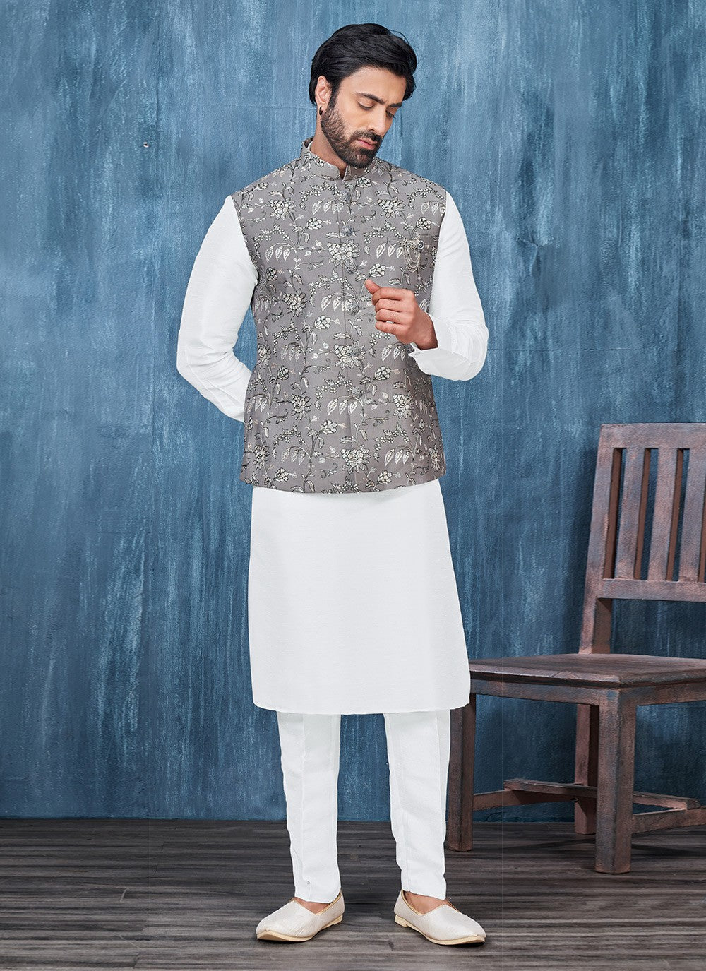 Embroidered Banarasi Silk Grey, White Kurta Payjama With Jacket - M6421