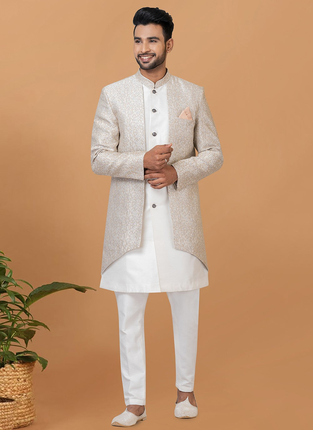 Fancy Work Dupion Silk, Jacquard Silk Grey, White Indo Western Sherwani - M6003
