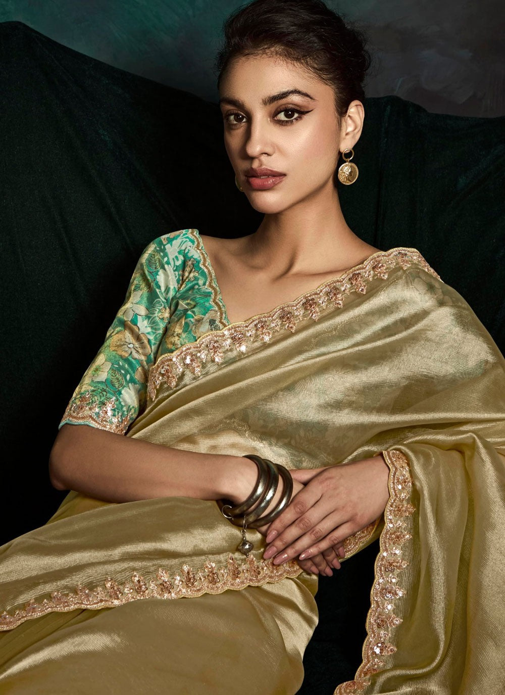 Grey Fancy Fabric Classic Saree Border Work, Cut Work, Embroidered, Sequins, Zari S15756