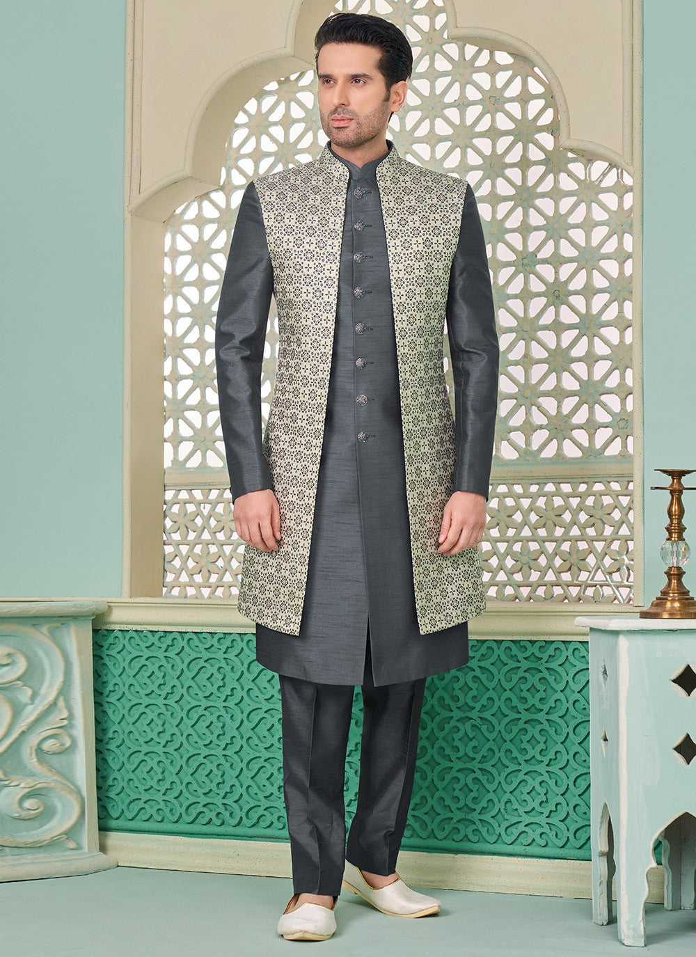 Embroidered Banarasi Silk Grey Indo Western - M7285