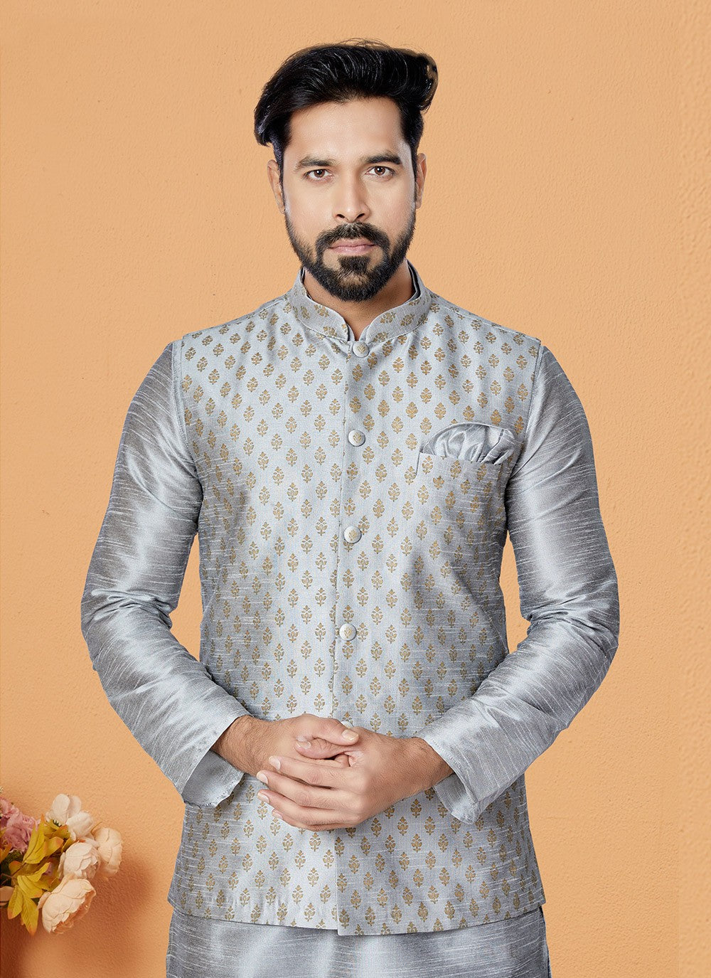 Printed Banarasi Silk Grey Nehru Jackets - M7490