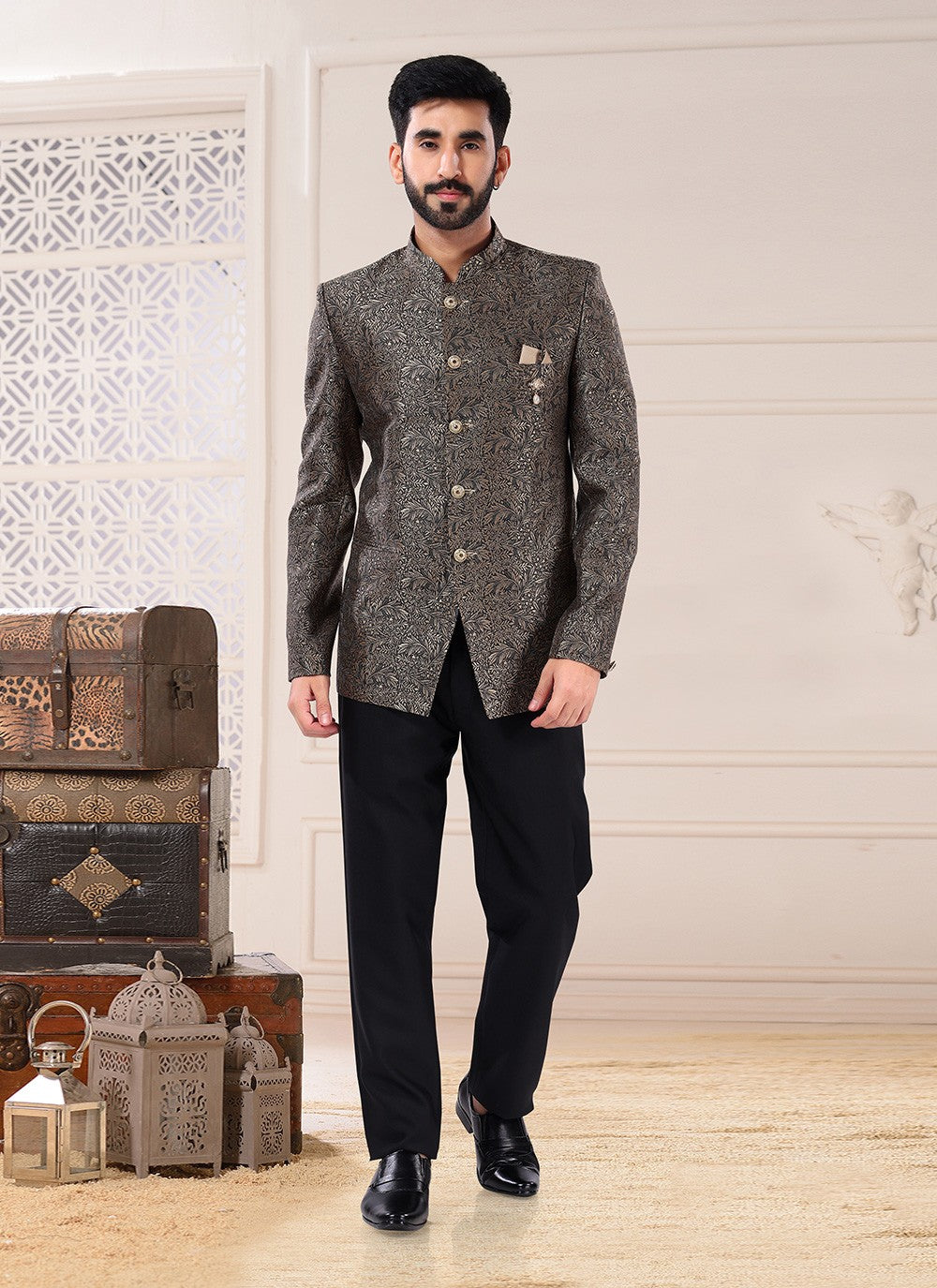 Embroidered Jacquard Grey Jodhpuri Suit - M4679