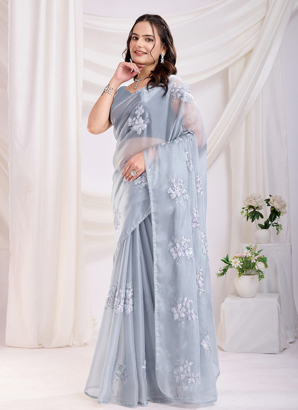 Embroidered Jimmy Chu Grey Saree S14095