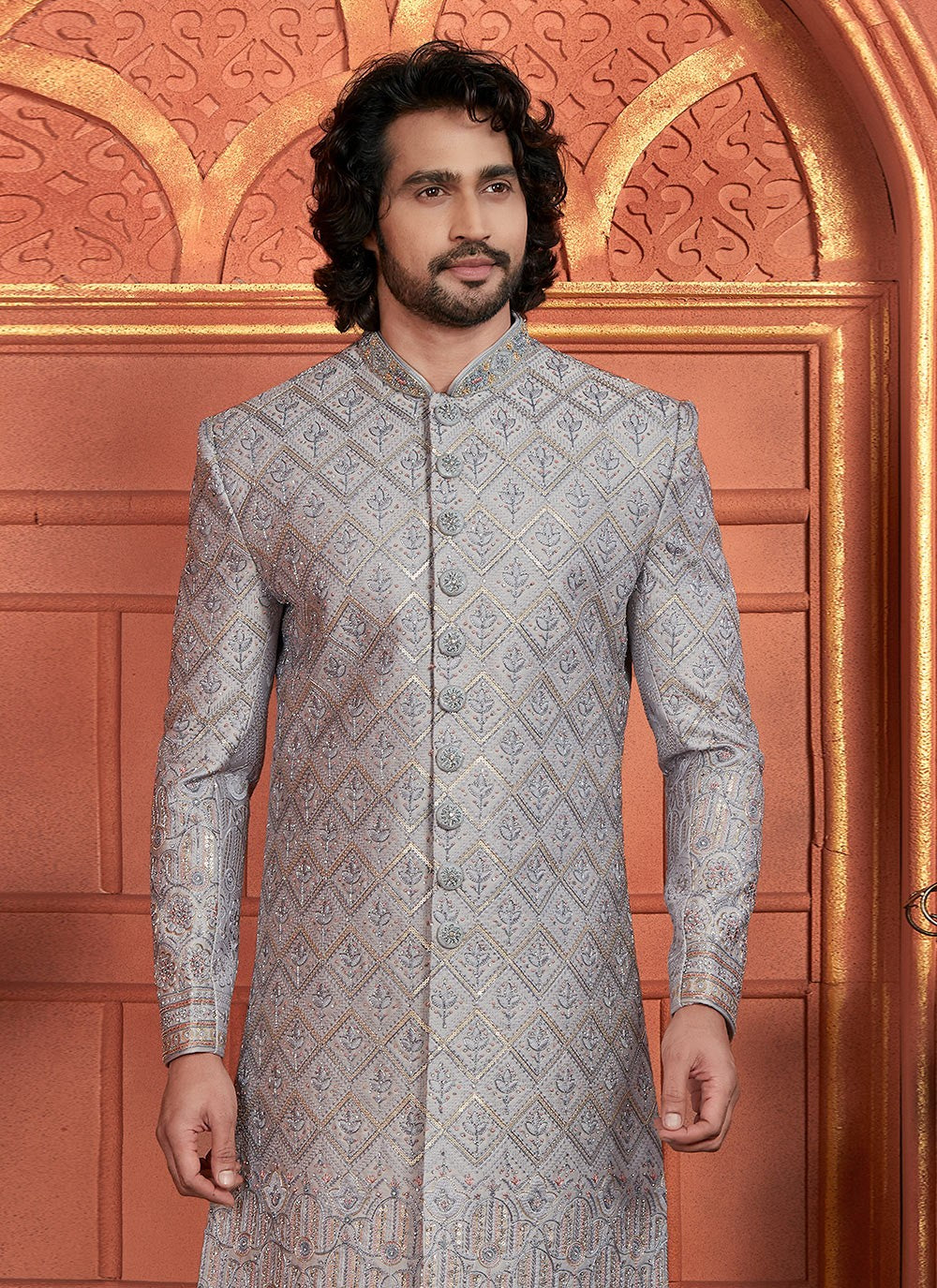 Embroidered Art Silk Grey Sherwani - M8267