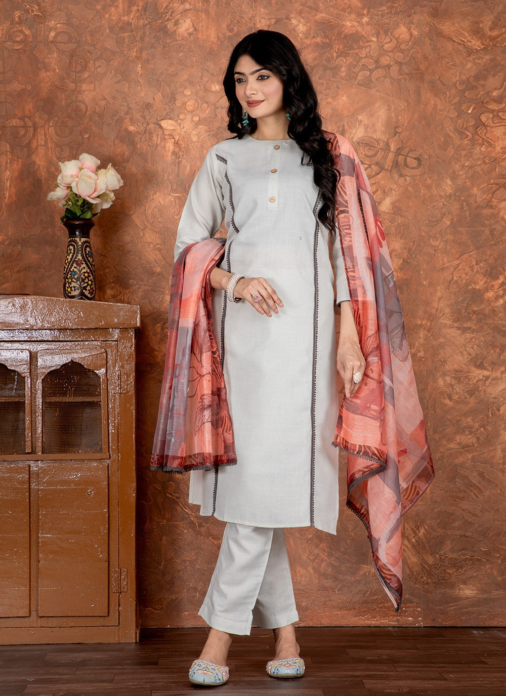 Pant Style Suit Embroidered Grey Cotton T5022