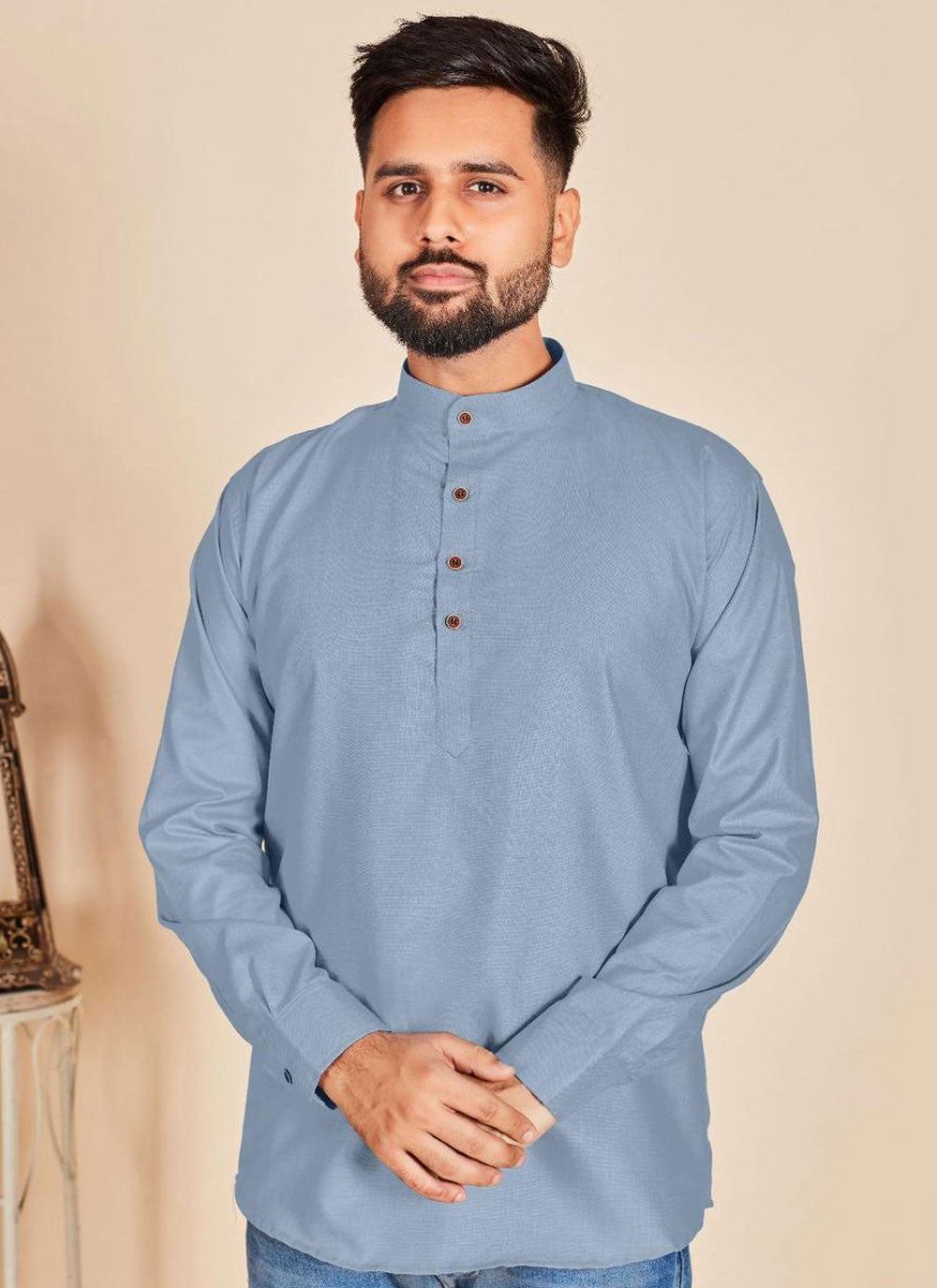 Plain Cotton Grey Short Kurta - M6786