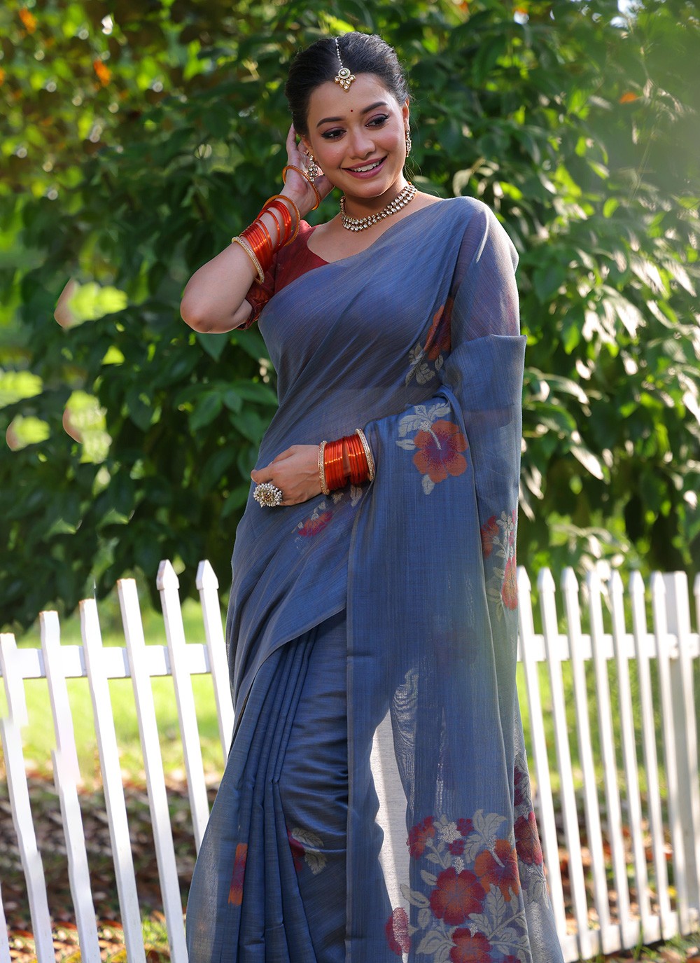 Printed Cotton Grey Saree S13810