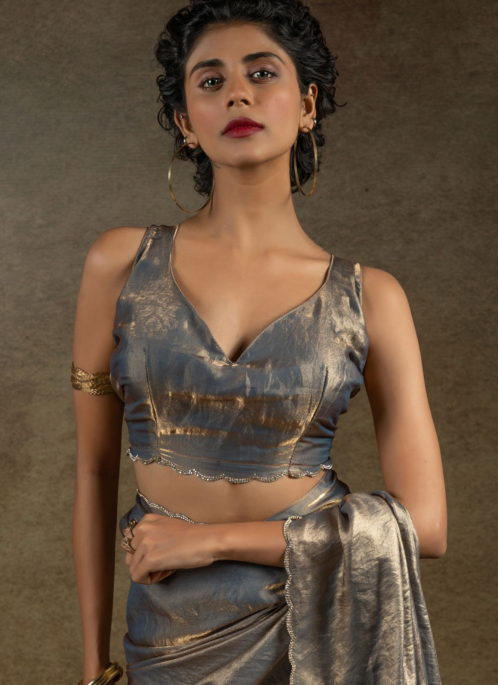 Cut Work Satin Silk Grey Contemporary Saree S15418