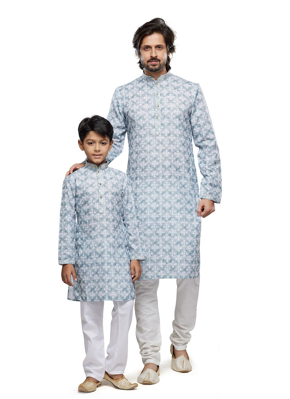 Digital Print Cotton Grey Men's & Kids Combo - M6811