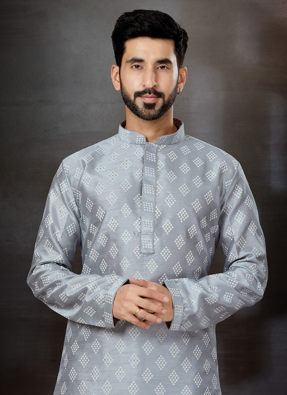 Printed Dupion Silk Grey Kurta - M5754