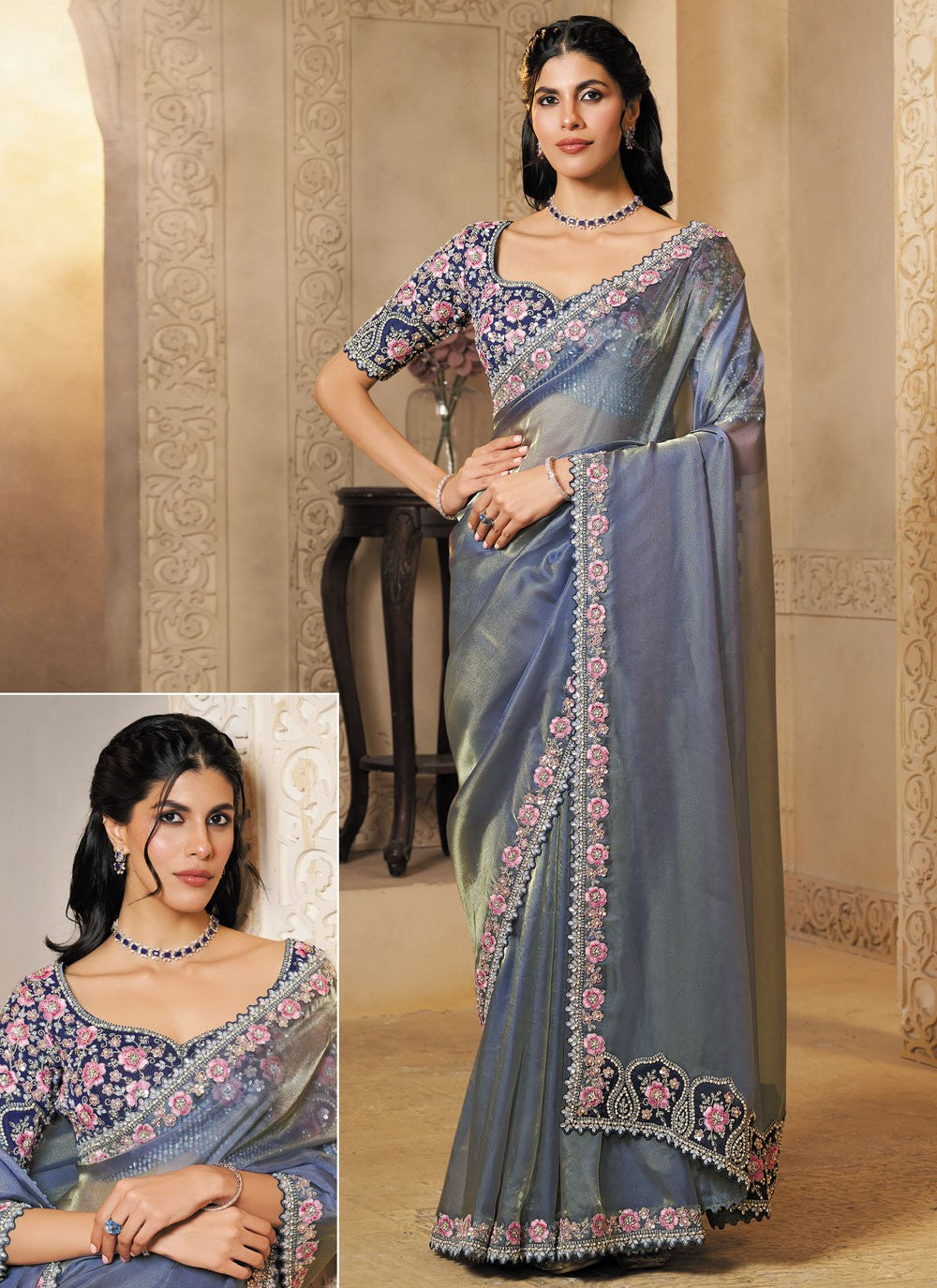 Grey Organza Classic Saree Embroidered, Pearls S20444
