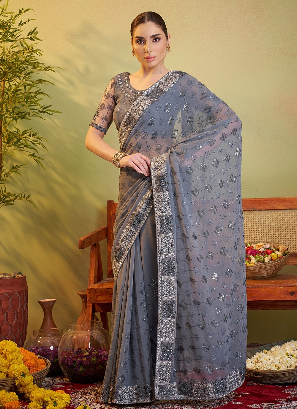 Embroidered Georgette Grey Saree S14728