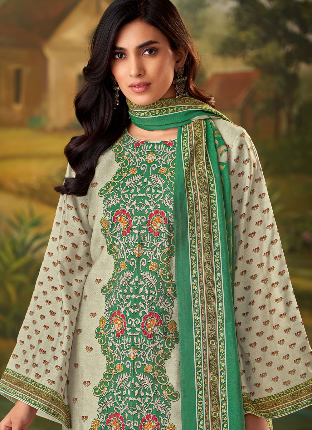 Digital Print Muslin Grey Pant Style Suit T6316
