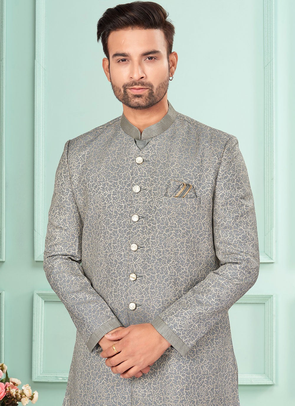 Fancy Work Brocade, Jacquard Grey Indo Western - M7262