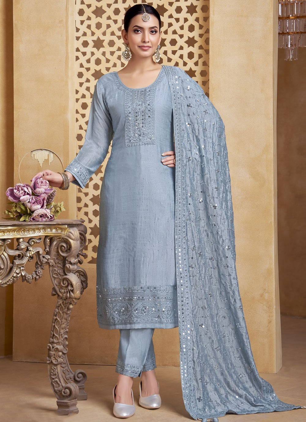 Pant Style Suit Embroidered, Sequins Grey T8257